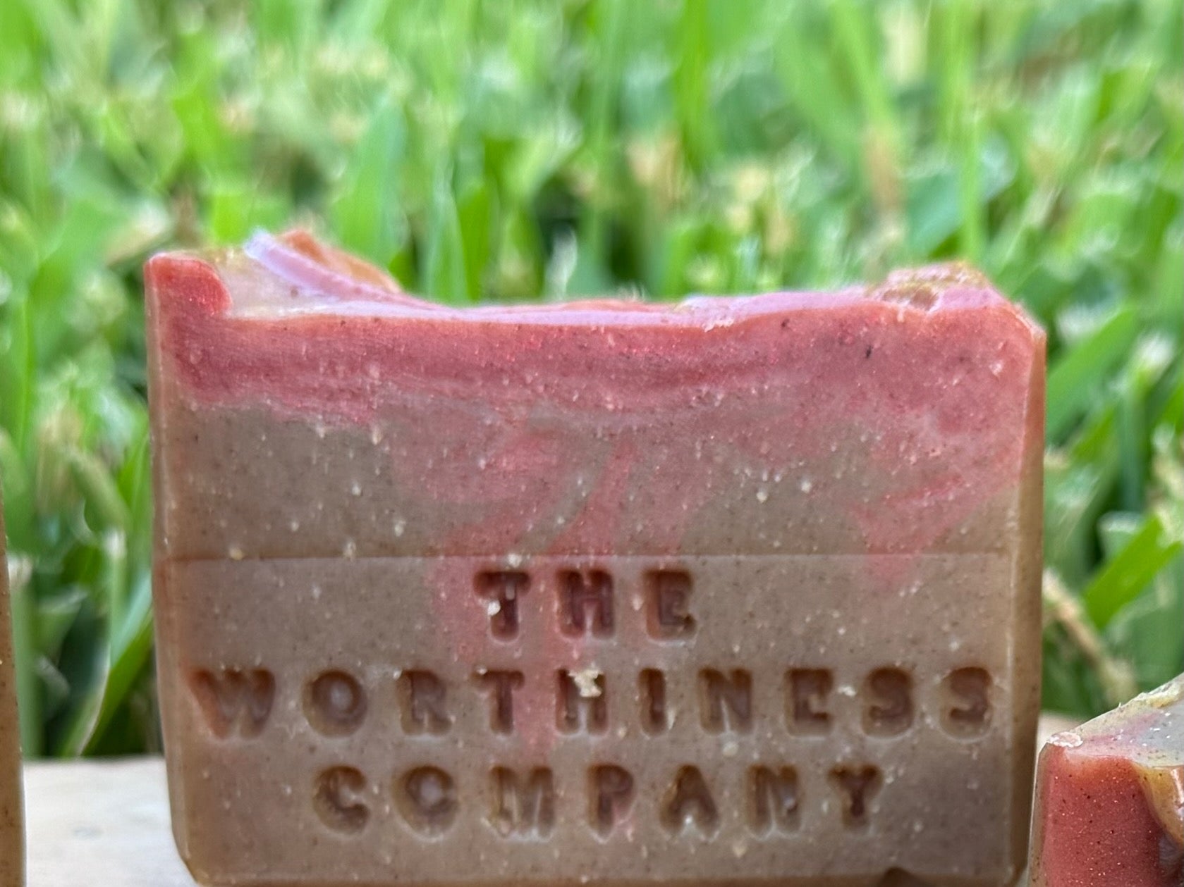A half-bar of soap with a pink and brown marbled pattern, embossed with the text 'THE WORTHINESS COMPANY'. 