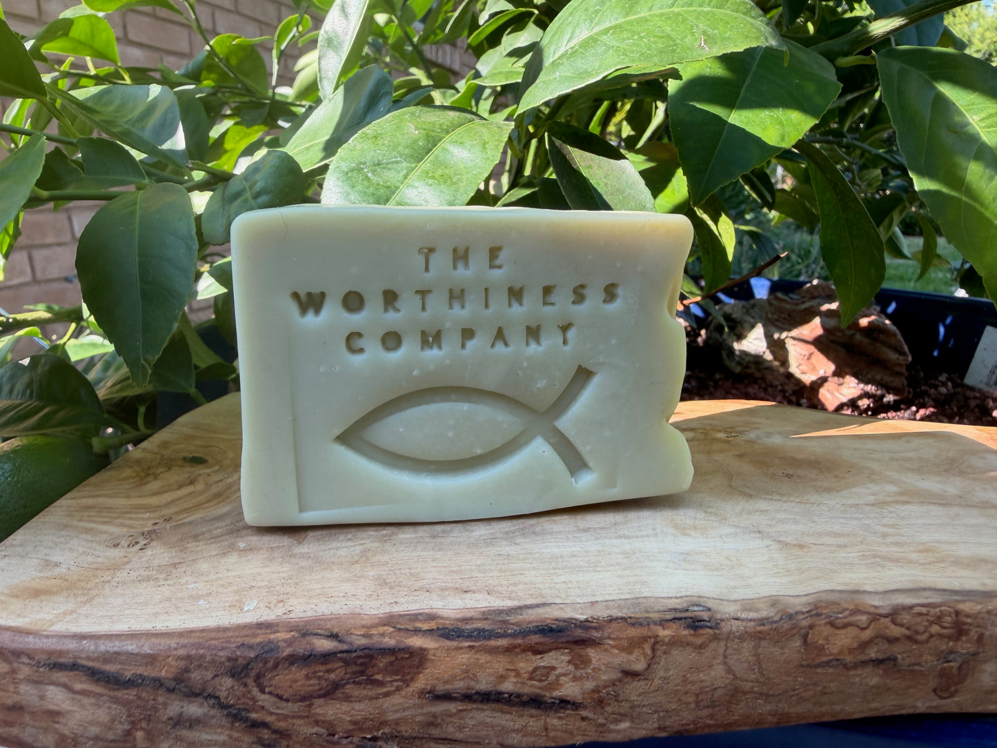 A rectangular pale green soap bar embossed with the text 'THE WORTHINESS COMPANY' and a Christian fish symbol, resting on a rustic wood slice with green leaves in the background.