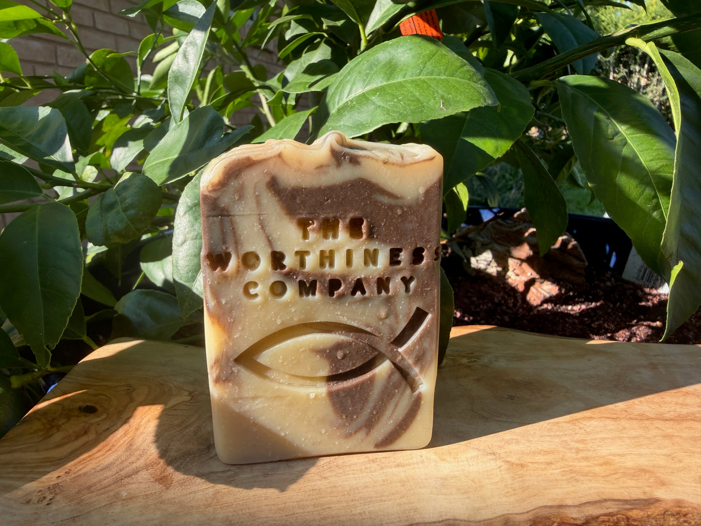 A rectangular handmade soap bar with a marbled beige and brown pattern, featuring an embossed Christian fish symbol and the text 'THE WORTHINESS COMPANY' on the front, displayed on a wooden surface with green foliage in the background.